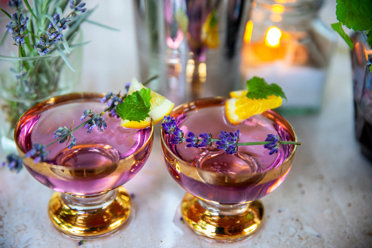 Alcohol-free drinks with citrus, lavender, mint, and botanical garnish